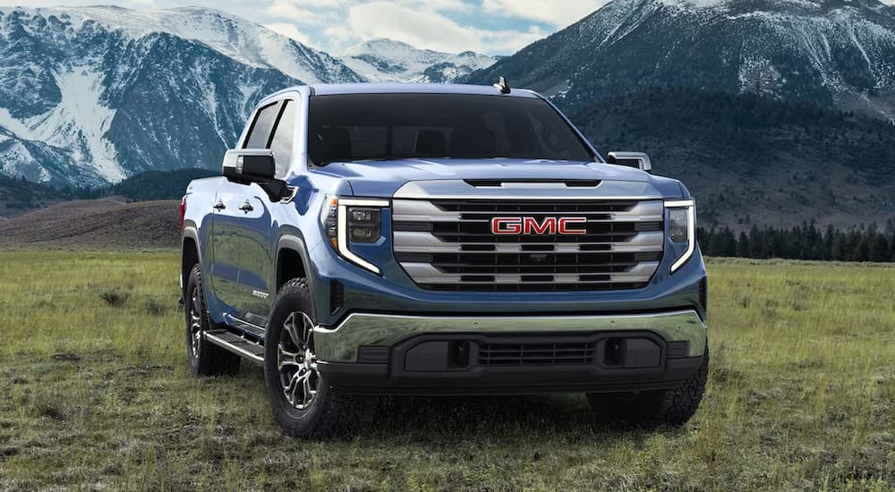 Blue 2025 GMC Sierra 1500 Pro parked in an open field.